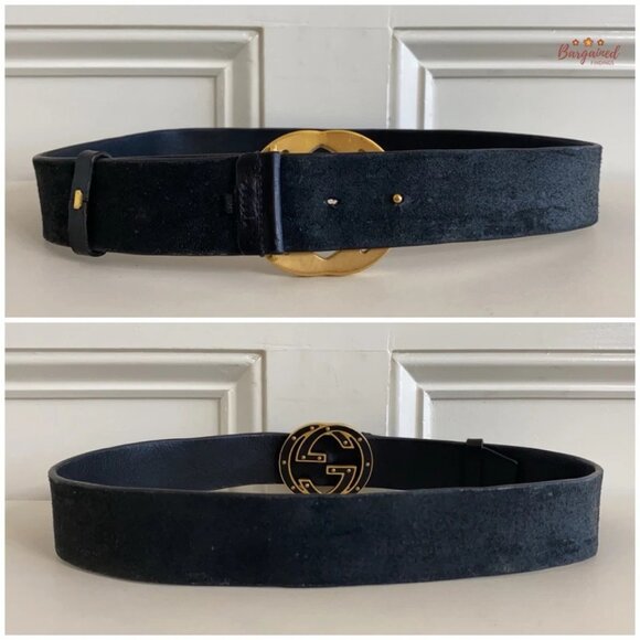 Authentic Gucci Black Leather Gold Studded Interlocking G Buckle Belt Size 80/32 - Picture 6 of 13